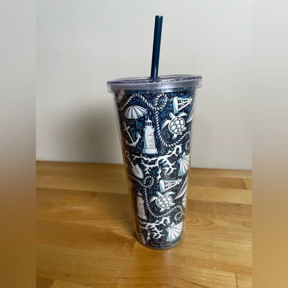 Vera Bradley Navy and White Nautical Tumbler with Straw - Picture 1 of 10